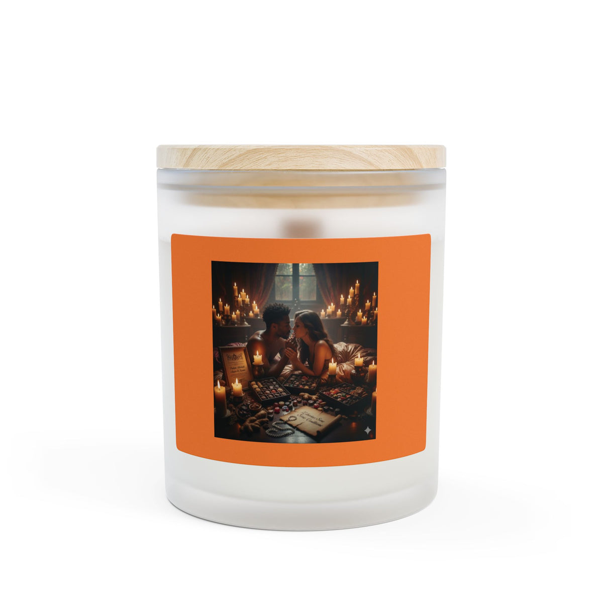 Customizable 11oz Frosted Glass Candle — Cozy Tarot Candlelit Scene (Orange Label)
