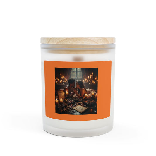 Customizable 11oz Frosted Glass Candle — Cozy Tarot Candlelit Scene (Orange Label)