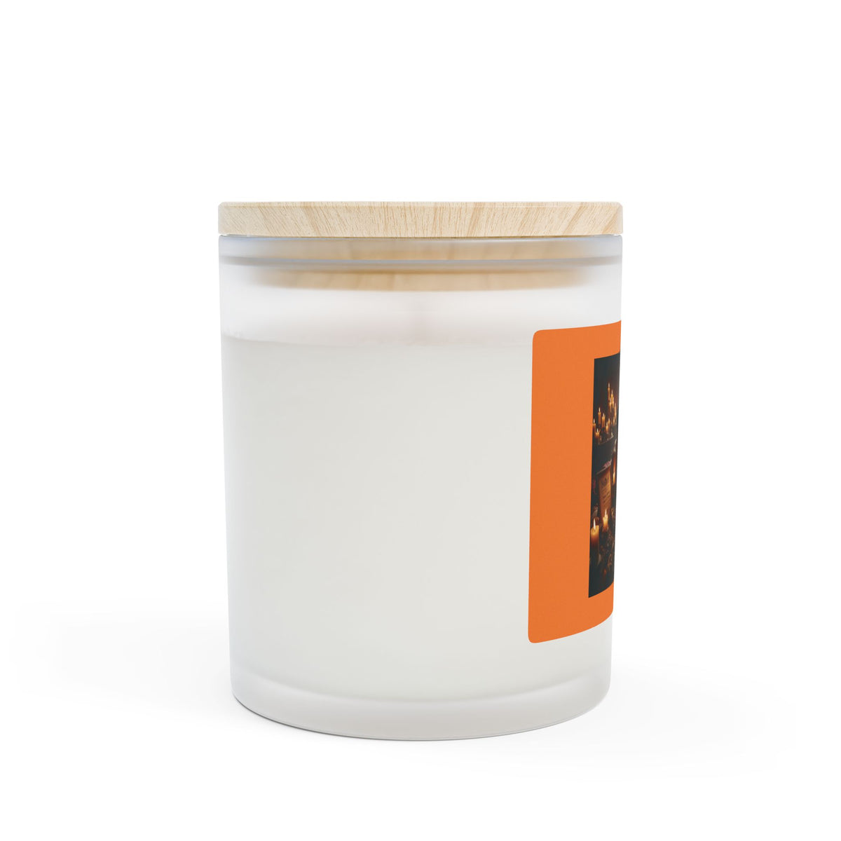 Customizable 11oz Frosted Glass Candle — Cozy Tarot Candlelit Scene (Orange Label)